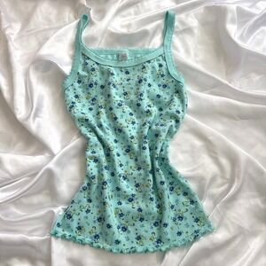 Strawberry Blue Ditsy Floral Pointelle Camisole Turquoise Lettuce Edge Tank Top